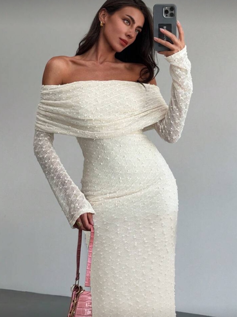 EUC Aloruh Women's White Polka Dot Off Shoulder Knit Long Sleeve Maxi Dress S